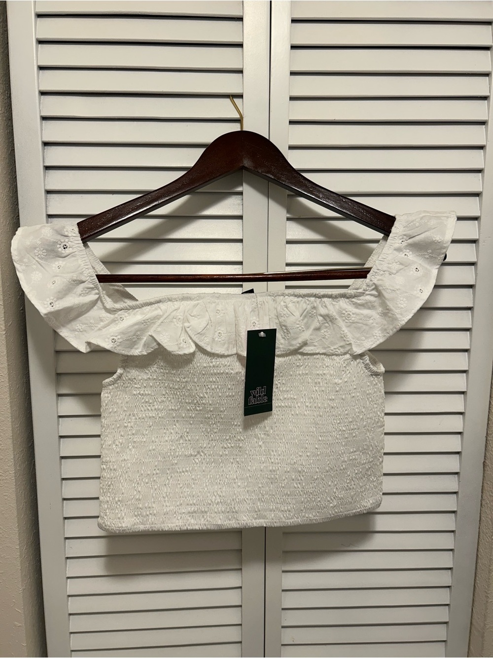 Wild Fable Off-the-Shoulder Smocked Crop Top with Eyelet Ruffle NWT Size S